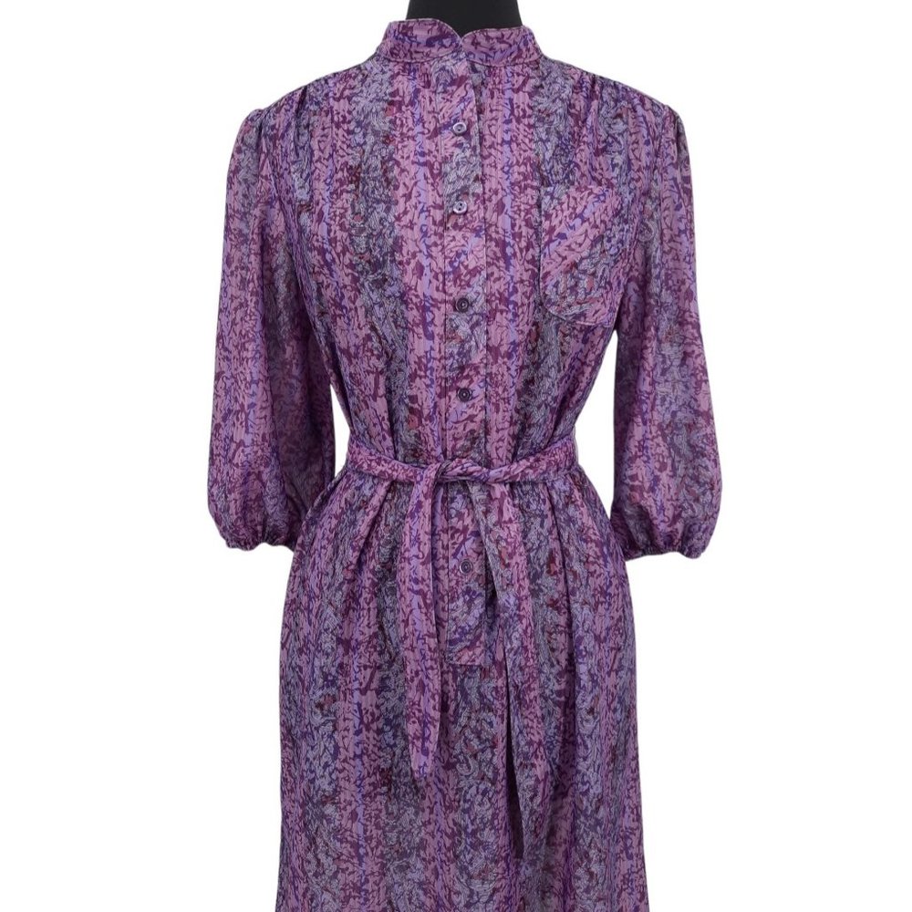 VTG 70s California Looks Purple Paisley Stripe Floral Print Day Dress Tie Waist - Picture 3 of 11